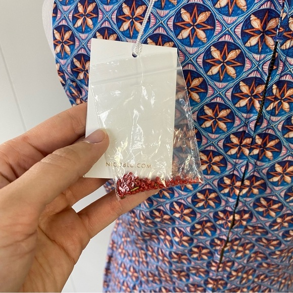 NicoBlu Coralie Sheath Dress Beaded Neckline Size 10 Shell Print Blue NEW $298 - Picture 10 of 16